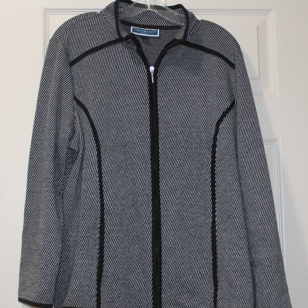 Karen Scott Sport Sweater Zips Soft Herringbone, Contoured Piping Size XL